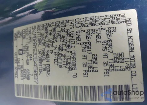 2003 Nissan Xterra Se S/C z USA, uszkodzony, nr VIN 5N1MD28Y63C645097